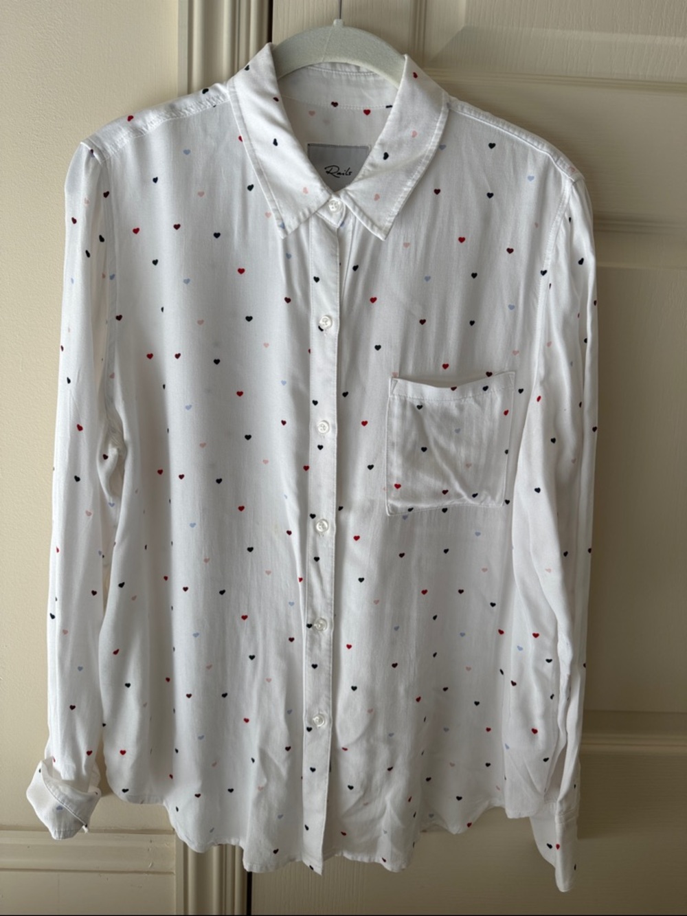 Rails White Button-Down Shirt with Red, Navy & Light Blue Hearts
